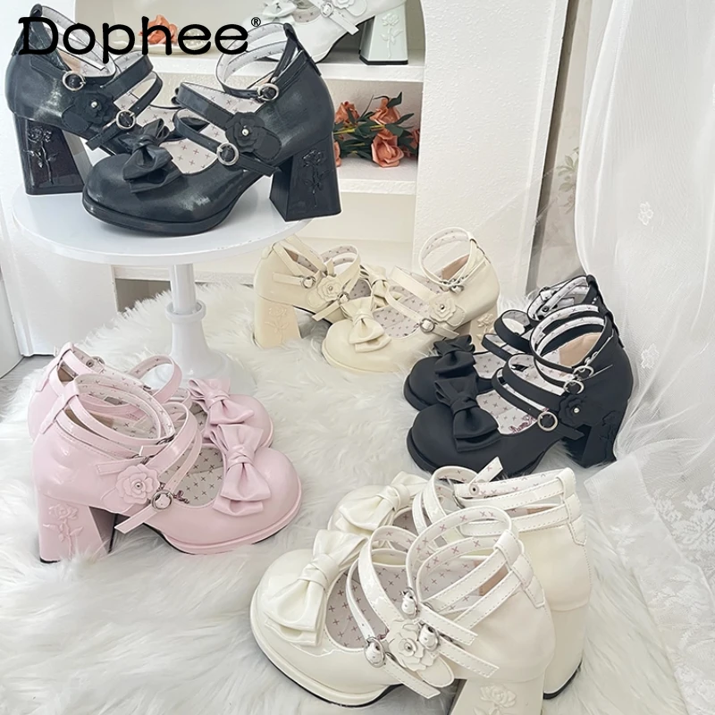 

Original Waterproof Lolita Platform Heels Autumn New Women's Cute Bow Elegant High Heels Japanese Style Girls Lolita Cos Pumps