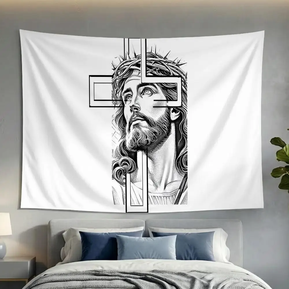 Trendy Casual simple Cross J-Jesus Holy Tapestry Soft Lightweight Wall Art Decor for Living Home Room Bedroom