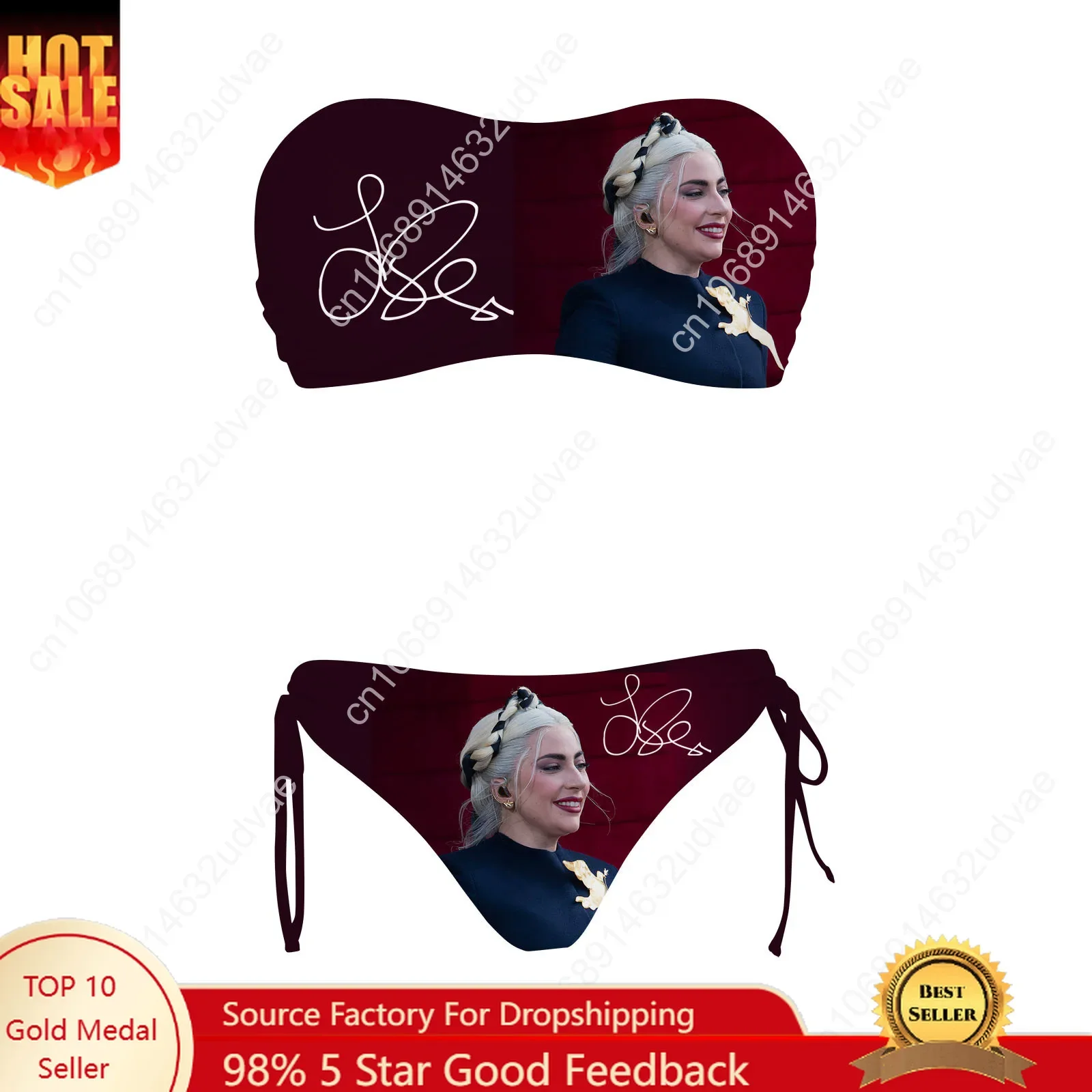 

Lady Gaga Swimsuit Womens Drawstring Two Piece Set Bathing Suits Personalized Swimwear Pool Party Bikini Customize Beachwear