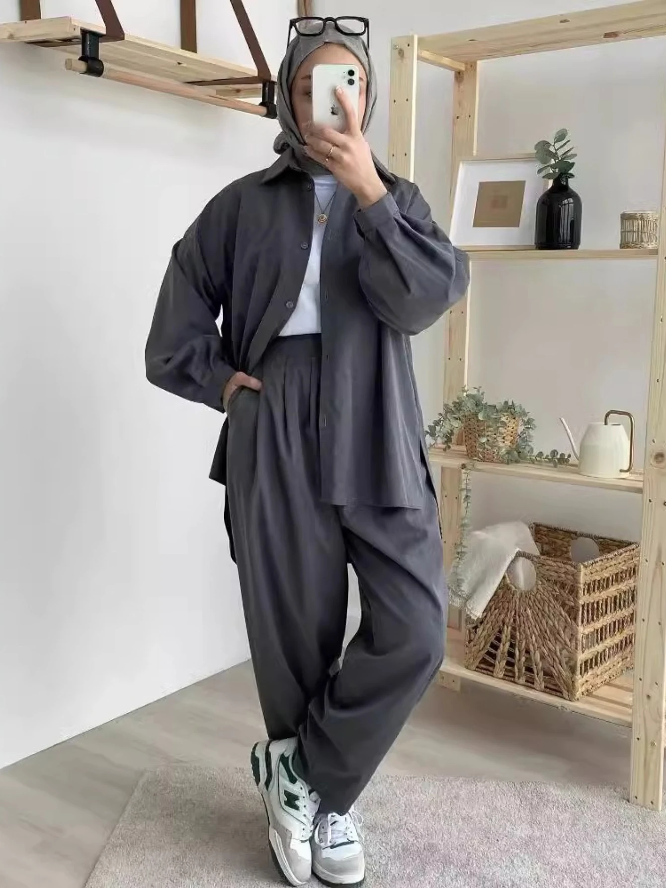 Eid Muslim Sets Women Solid Shirt Blouses Wide Leg Pants Set Two Piece Musulman Ensemble Dubai Arabic Morocco Casual Ramadan