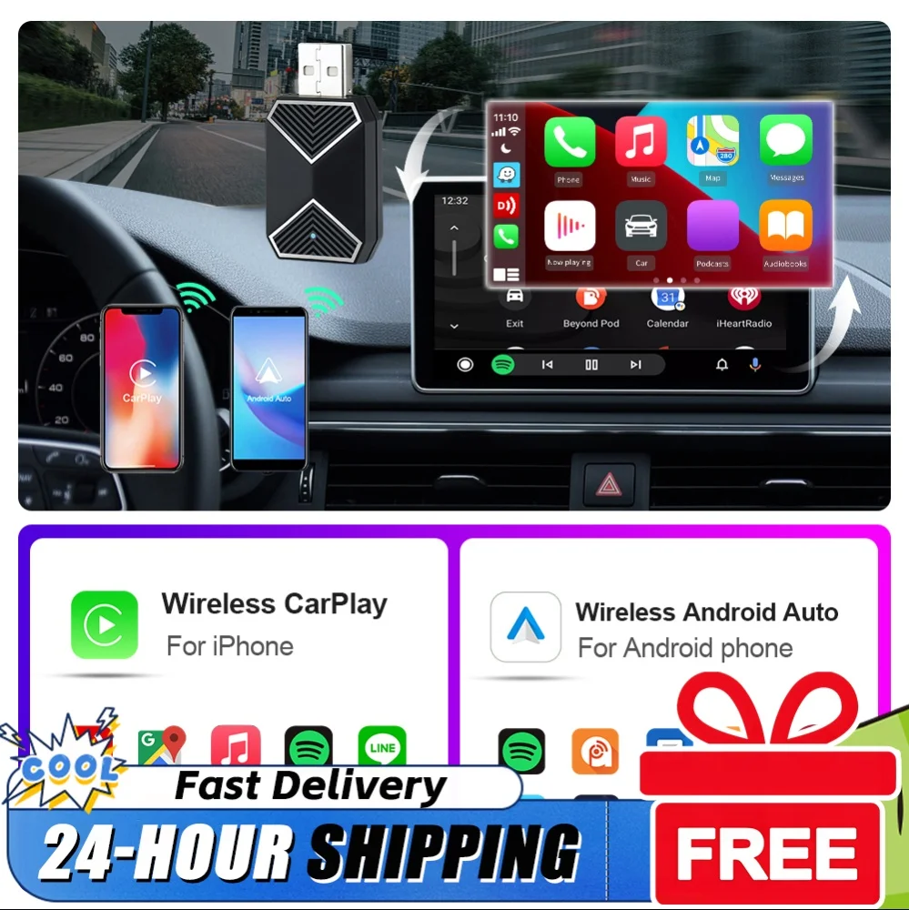 Wireless CarPlay Android Auto Mini Box Dongle BT WiFi Voice Assistant USB Plug&Play for Factory Wired CarPlay Android Auto Cars