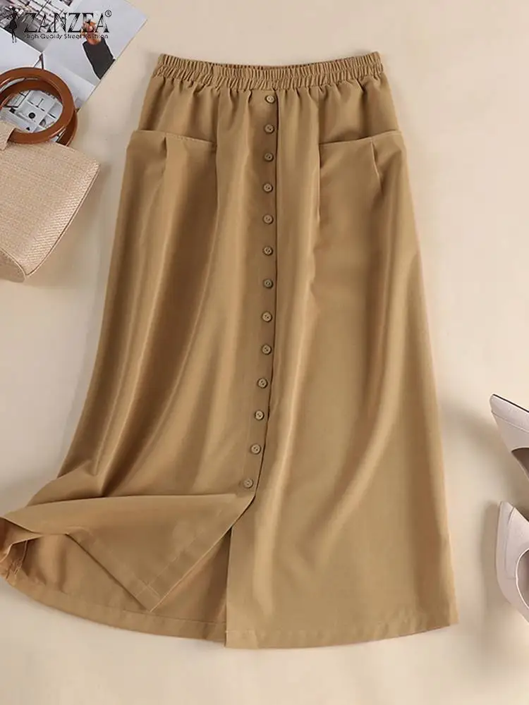 ZANZEA Women Summer Elastic Waist Loose Solid Midi Skirts 2023 Fashion Casual A-line Skirt Faldas Saia Work Jupe Kaftan Oversize