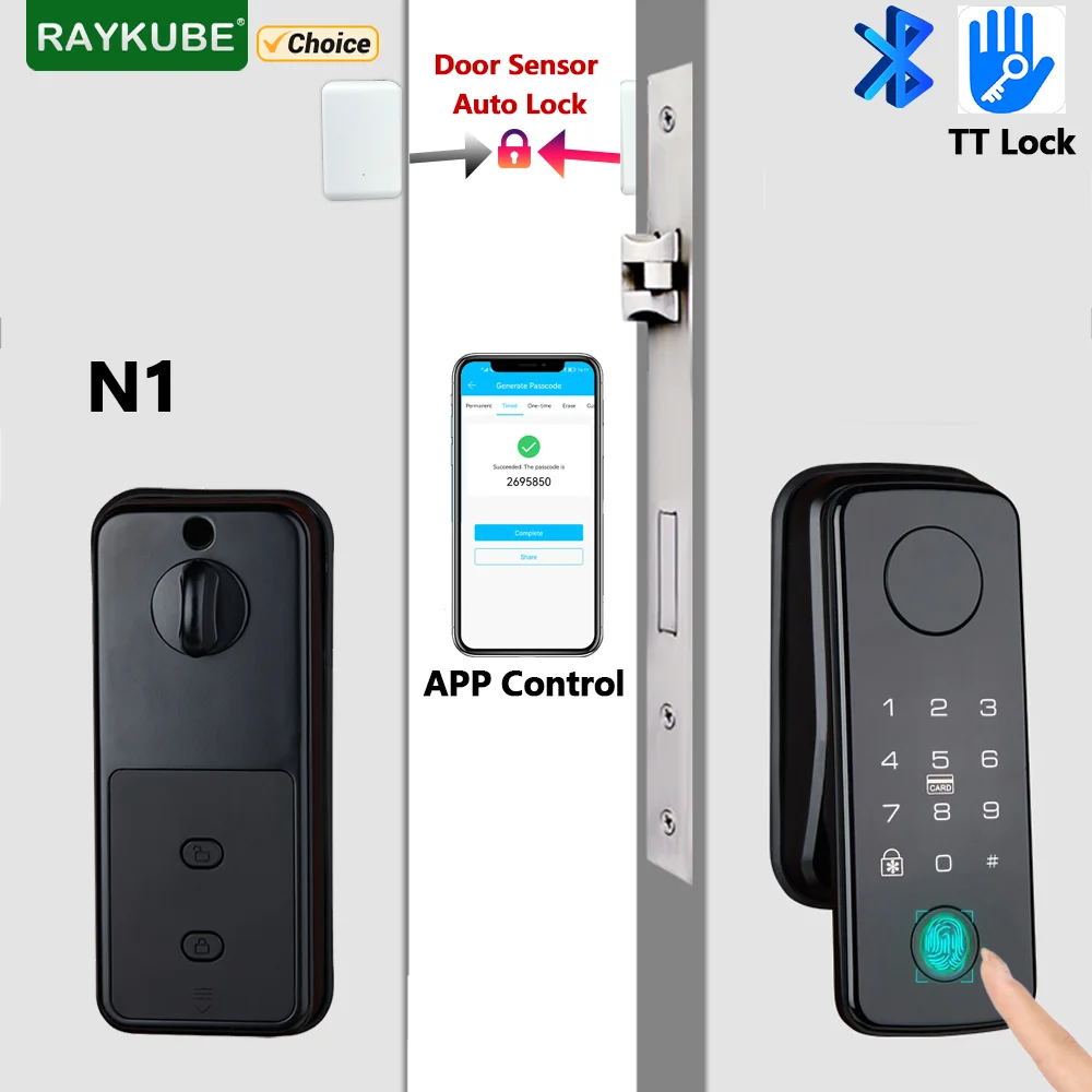 RAYKUBE N1 TT Lock Bluetooth Smart Fingerprint Door Lock, Door Sensor Auto Lock, APP Control, No Punch No Wiring Easy Install