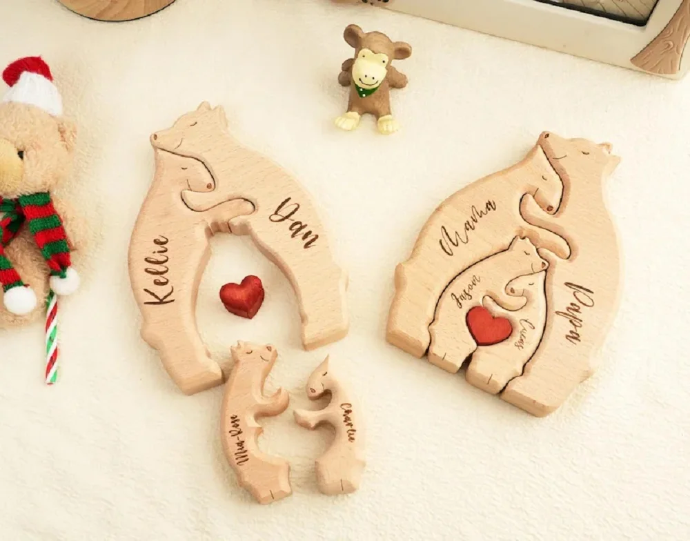 ​Animal Bear Family Ornaments DIY Wood Carving Free Engraving Custom Name Figurines Home Wooden Puzzle Mother's Birthday Gift