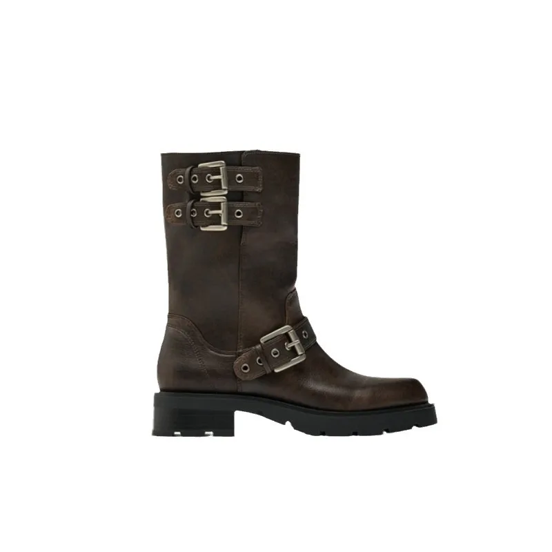 Women's Leather Mid Calf Boots Buckle Straps Platform Sole Retro Style Zip Closure Durable Fashion Footwear for Autumn/Winter