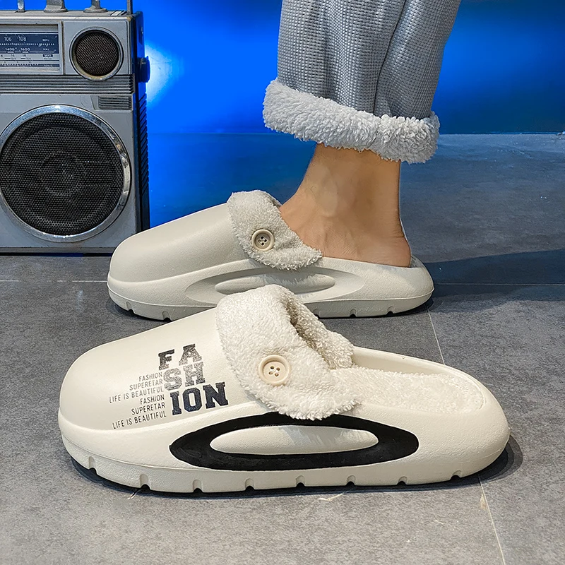 

Unisex Ultra Cushioned Warm Cotton Slippers Winter Dense Fluffy Fleece Lining Shock Absorb Wearproof Bottom Easy Slip On Indoor