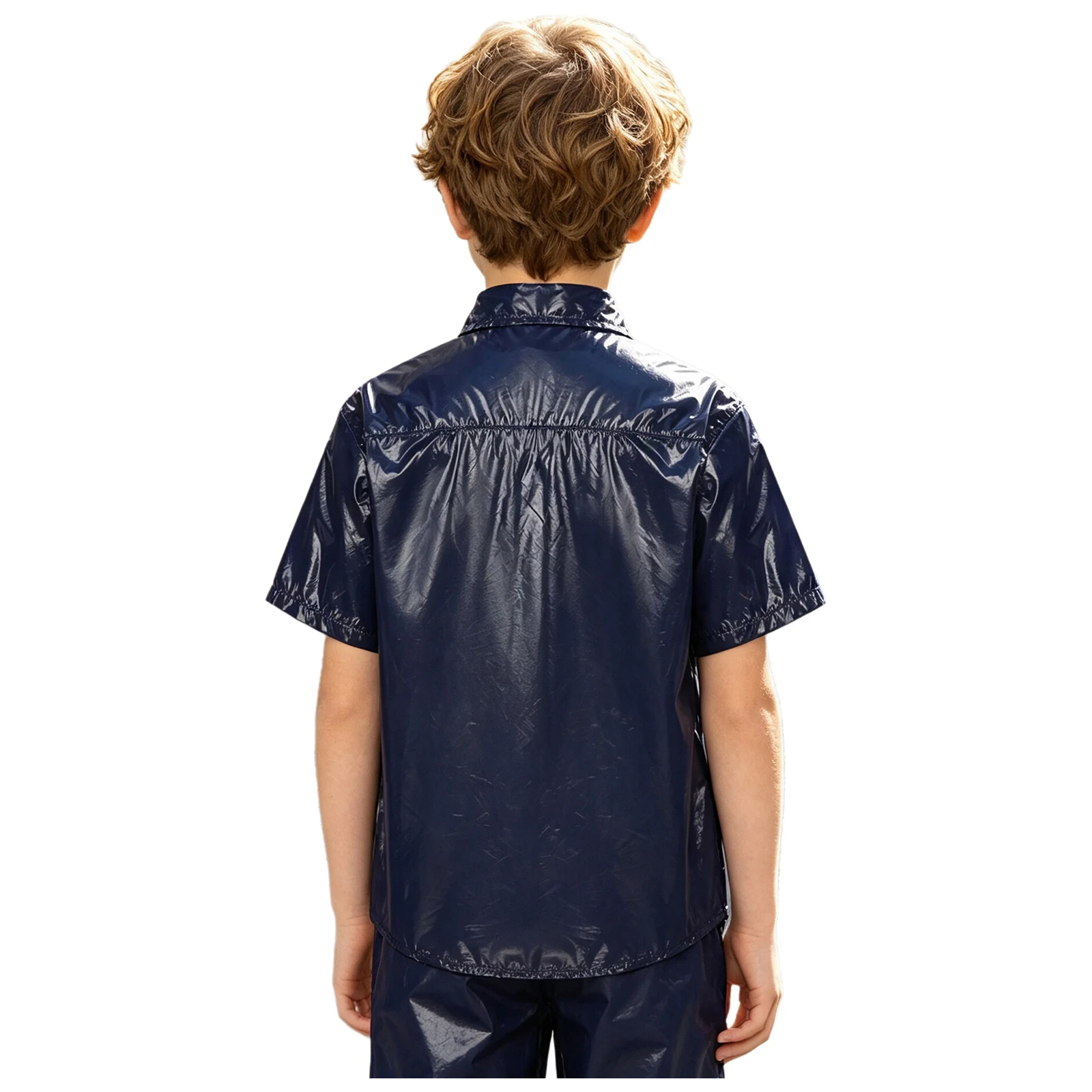 Kids Boys Glossy Water-resistant Tee Shirt Turn-down Collar Short Sleeve Press Button Front Shirt Top for Casual Special Needs