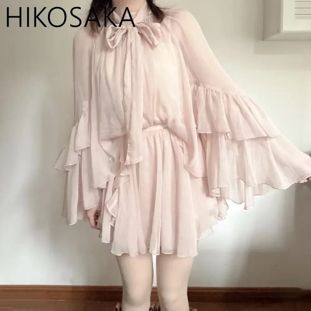 

Japanese Temperament Fairy Dress Sets Bow Lace Up Flare Sleeve Loose Blouse Shirts High Waist Pleated Short Skirts Summer Suit