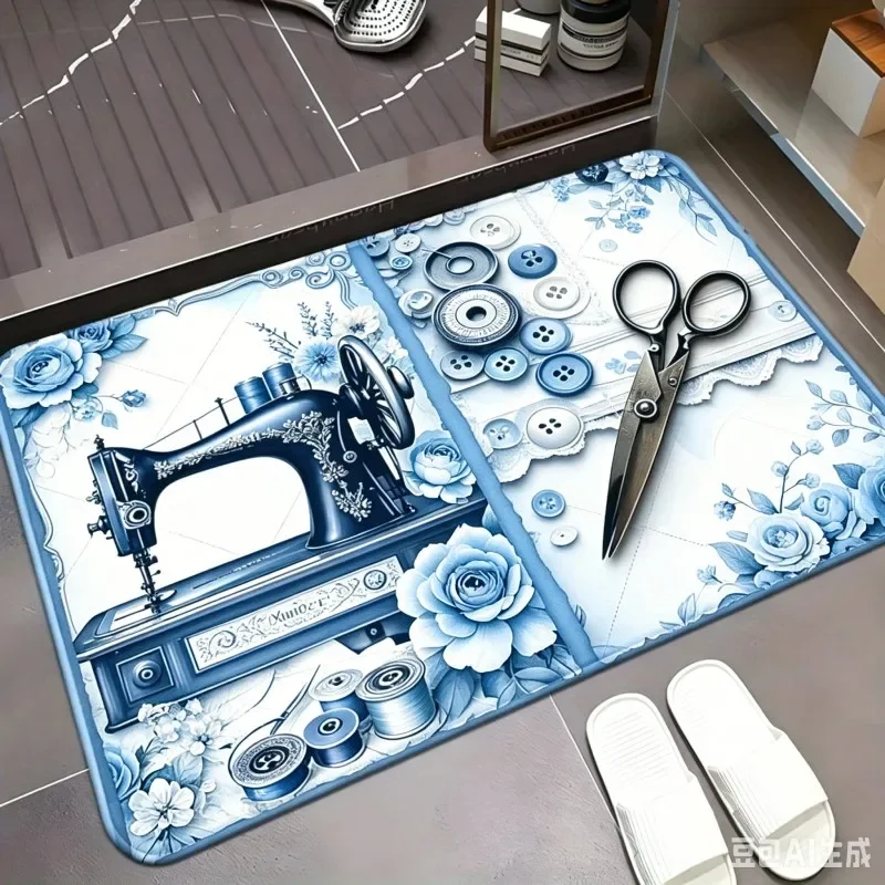 Vintage Sewing Machine Doormat Scissors Buttons Pattern Front Door Mat Retro Floral Tailor Entryway Rug Home Floor Mat