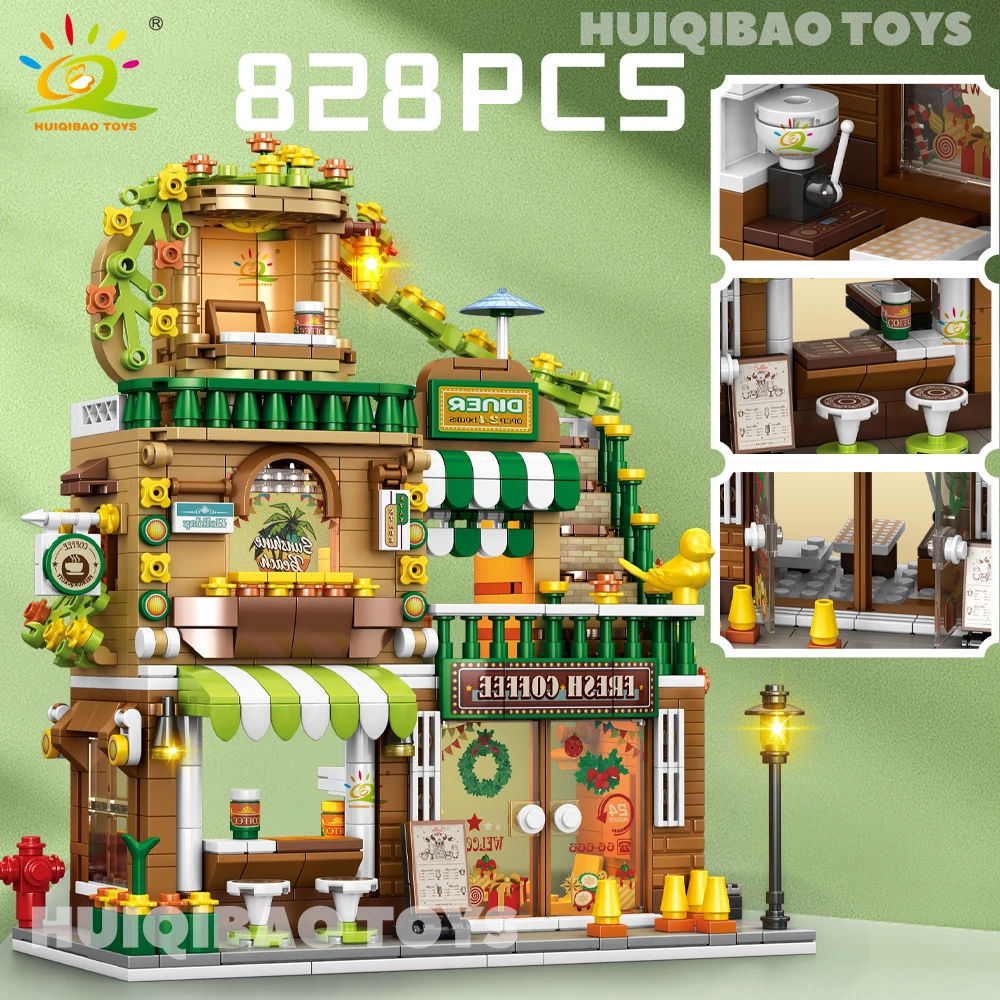 HUIQIBAO City Street View café Burger Shop hôtel modèle blocs de construction bricolage Architecture commerciale rue briques jouets adulte