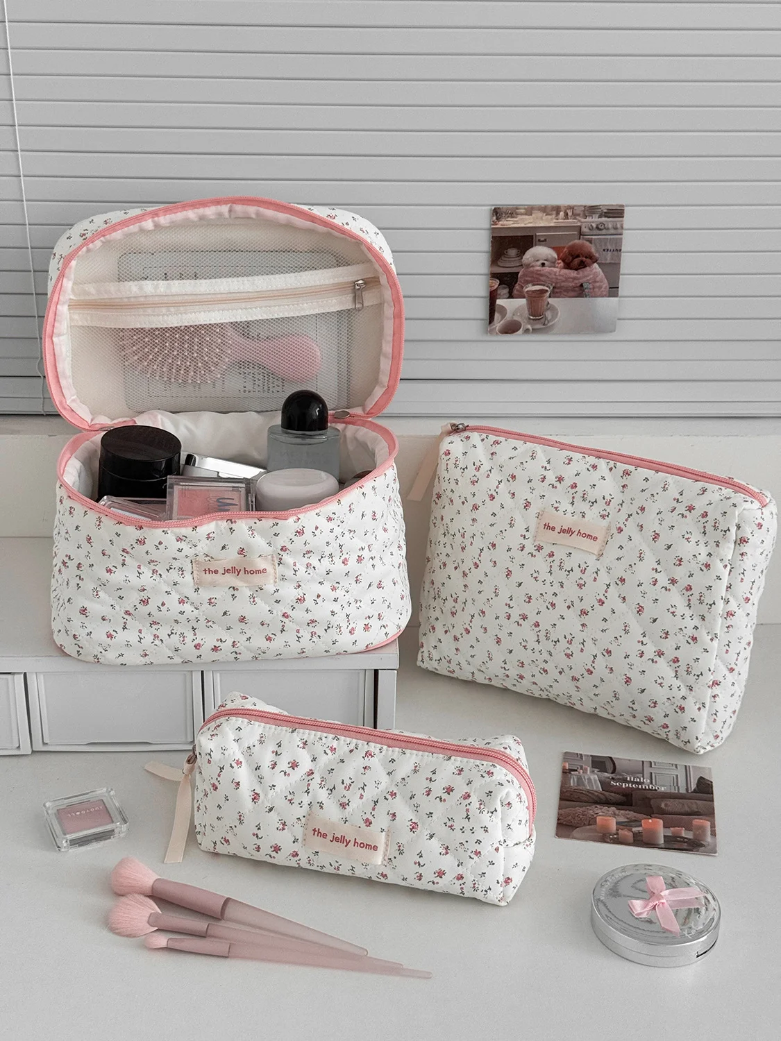 Peach Pink Rose Large Capacity Portable Toiletry Bag Makeup Bag New High-Value Fresh Floral Ins Style