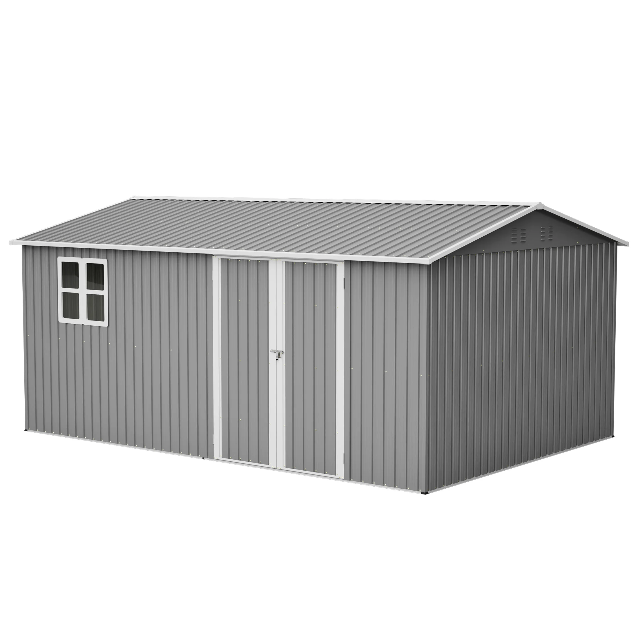 14x10 ft Metal Outdoor Storage Shed 780 Cu ft Foundation Frame Double Doors Vents Galvanized Steel Sloped Roof Patio Backyard
