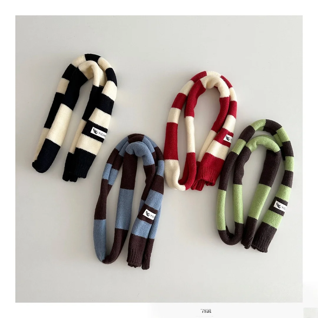 

Children Accessory Color Block Stripe Knitted Scarf Kids Infant Scarf Cute Skinny Cuffed Warm Winter Scarves for Baby Boys Girls