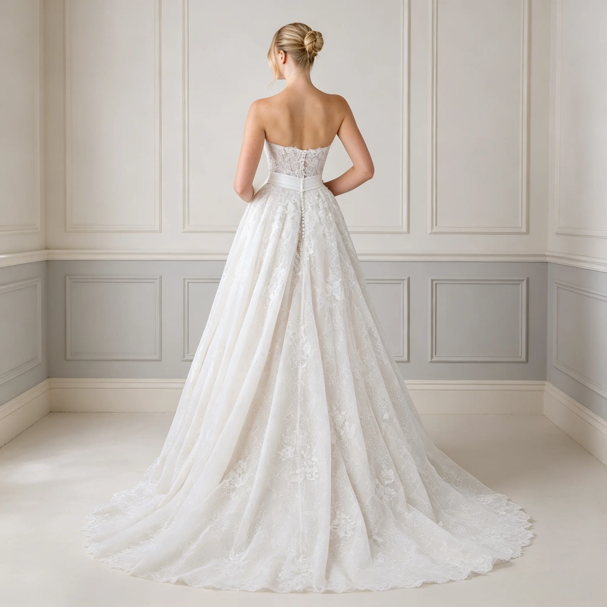 Floral Beaded Strapless Deep V Lace A Line Wedding Dress Big Satin Bow Waist Sash Chapel Train Classic Bridal Gown Customizable