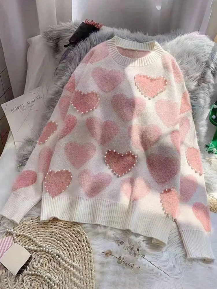 زائد حجم الخريف والشتاء جديد الحب القلب المطبوعة الياقة المستديرة عارضة تنوعا طويلة الأكمام البلوز سترة يوميا