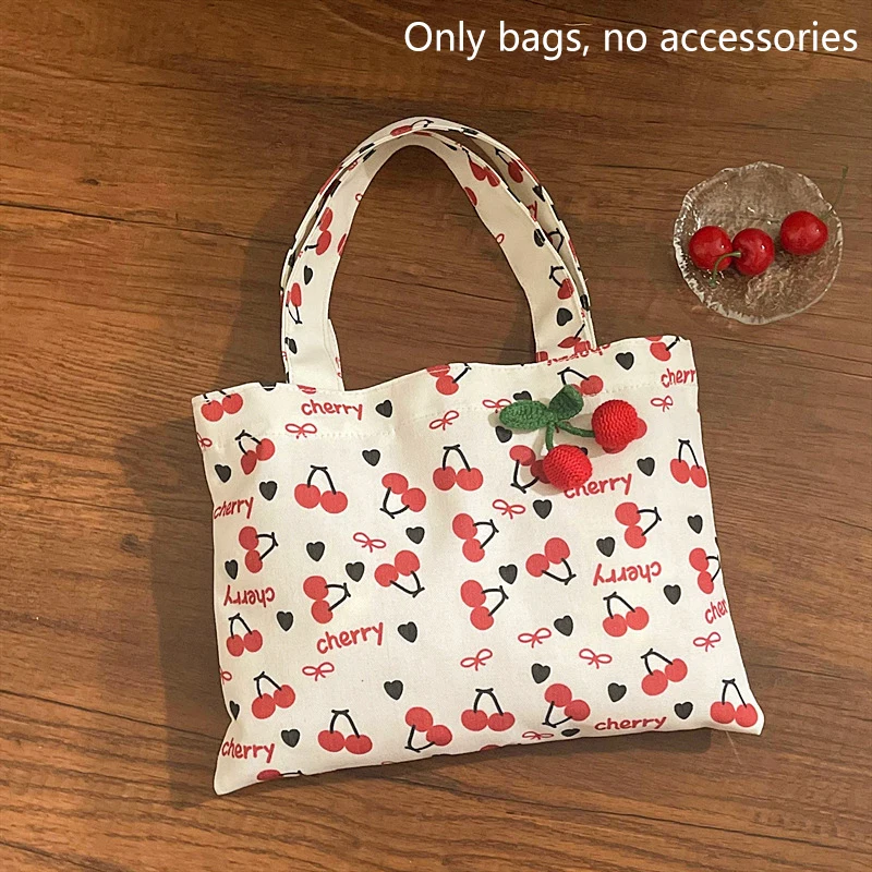 

Red Cherry Print Tote Bag Cute Canvas Large Capacity Travel Portable Storage Girl Sweet Commuter Shoulder Bag Gift Present