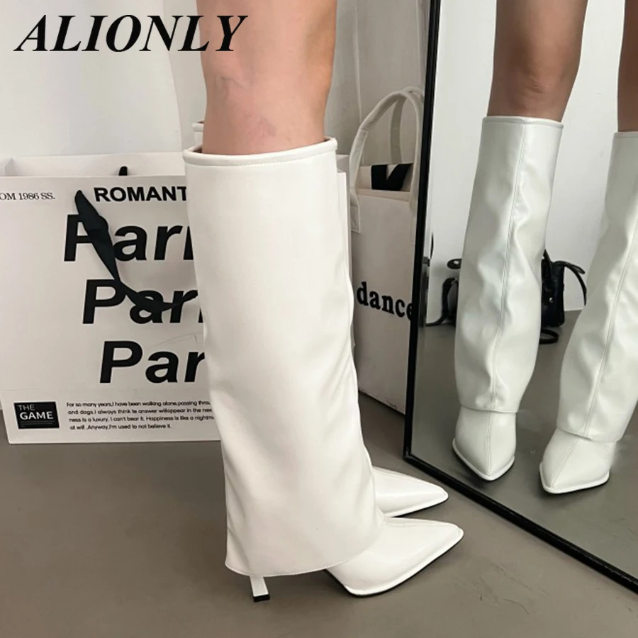 

Alionly 2025/Новые белые сапоги выше колена, женские модные высокие туфли до бедра на тонком каблуке с острым носком и молнией на шпильке