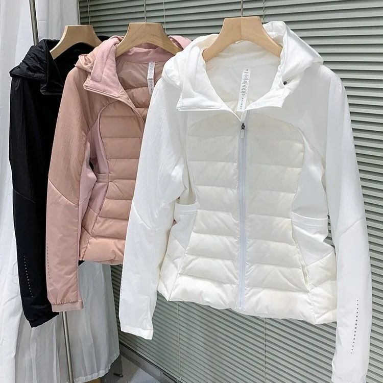 Firmranch Women Yoga Sports Lightweight Puffer Jackets Winter Slim Waist Duck Down Coat Short Outdoor Parkas Skinny Outerwear
