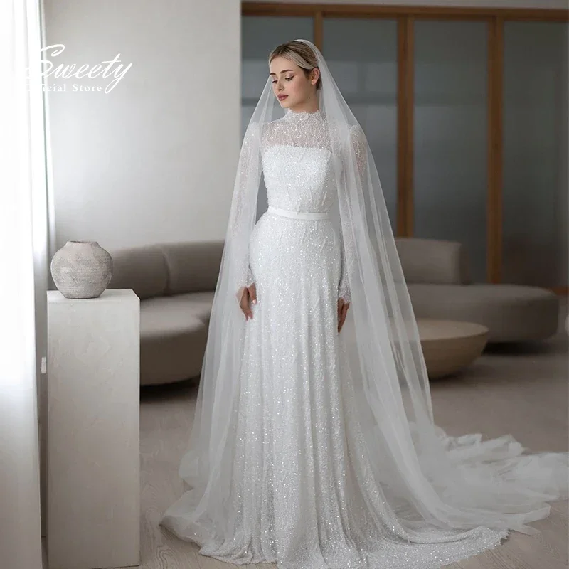 High-Neck Full Sleeve Wedding Dress Elegant Embroidered Lace With Beading A-Line Ballgown Button Vestido De Casamento Customized