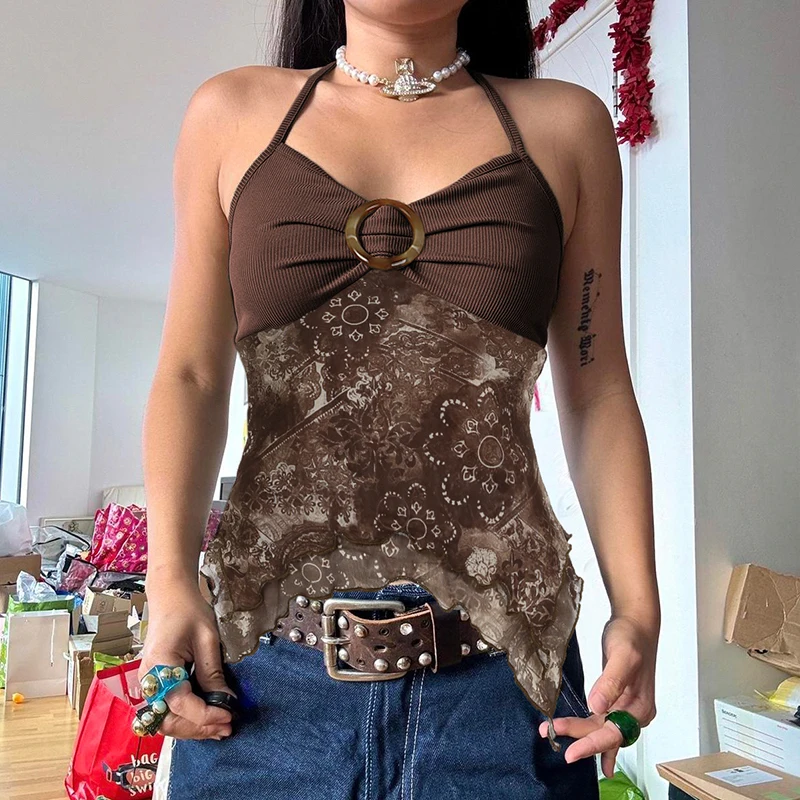 SUCHCUTE Vintage Boho Floral Halter Top Women O-Ring Front Ruched Ribbed Irregular Hem Y2K Grunge Sleeveless Going Out Cami Chic