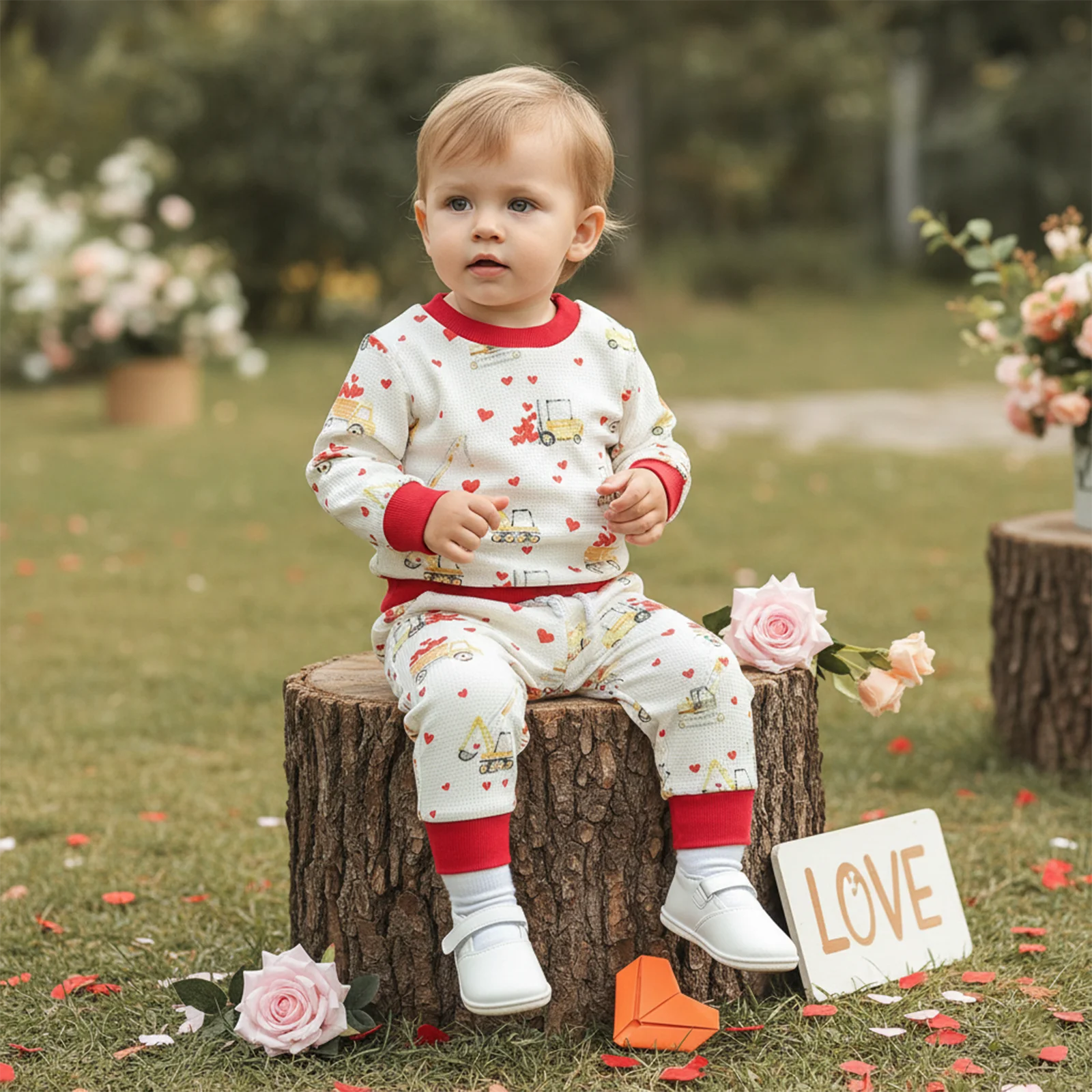 Baby Boy Valentine’s Day Outfits Long Sleeve Construction Truck Print Sweatshirt Tops Pants Set Toddler Baby Sweet Clothes