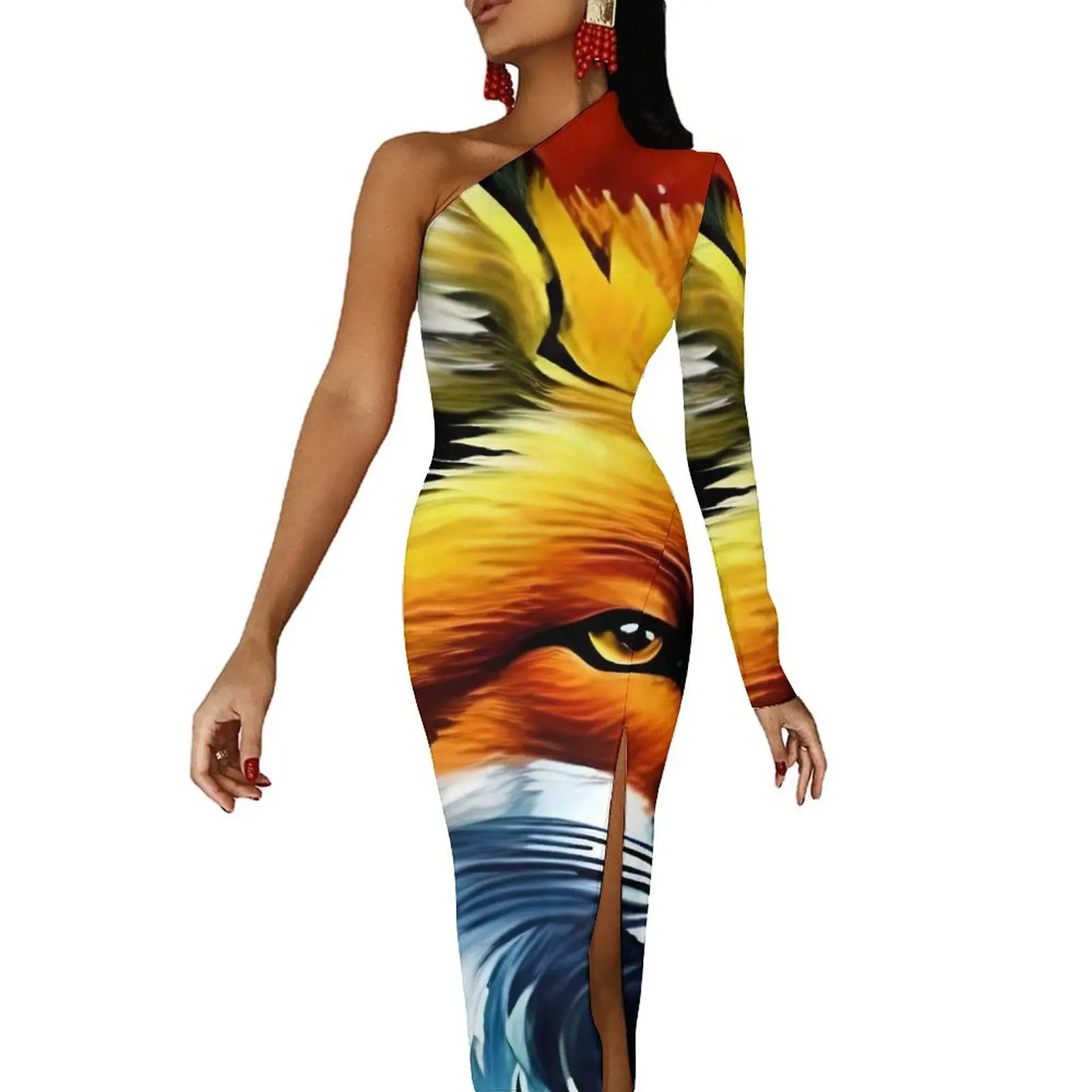 

Oil Painting of A Fox Maxi Dress One Shoulder Animal Print Street Wear Bodycon Dresses Summer Pretty Dress Female Design Vestido