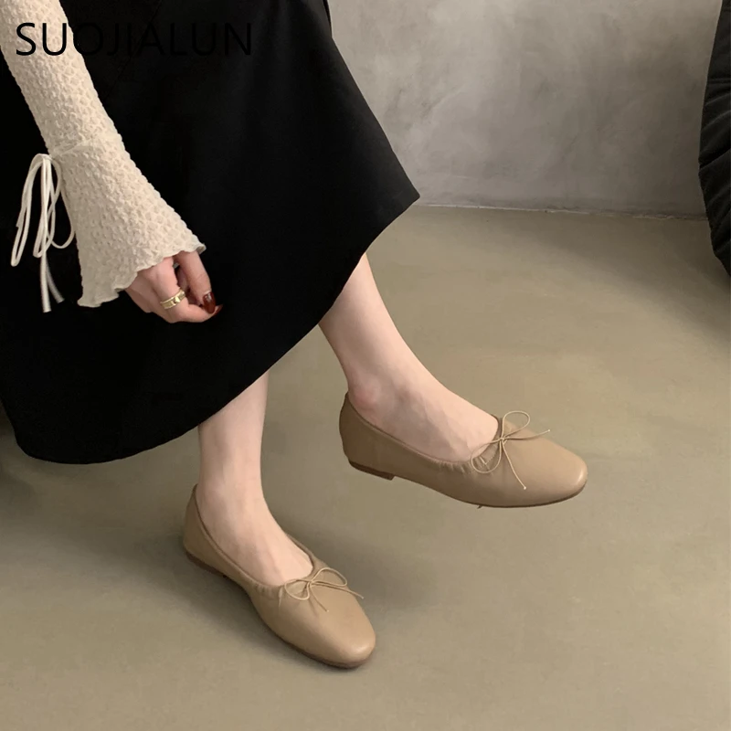 SUOJIALUN 2024 Spring New Women Flat Fashion Round Toe Bow-knot Slip On Ballerinas Shoes Soft Flat Ladies Casual Dress Ballet Sh