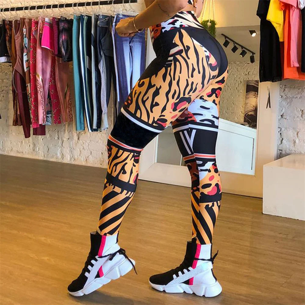 FCCEXIO New Leopard Splice Print  Women Leggings Sexy Push Up Running Legging Slim Fitness Sports Pants Casual Yoga Trousers