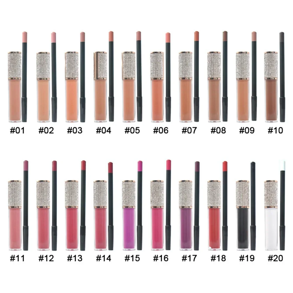 Private Label 20color Lip Gloss&Lipliner Kit Pigment Long Lasting Non-stick Waterproof Custom Logo Makeup Wholesale Cruelty Free