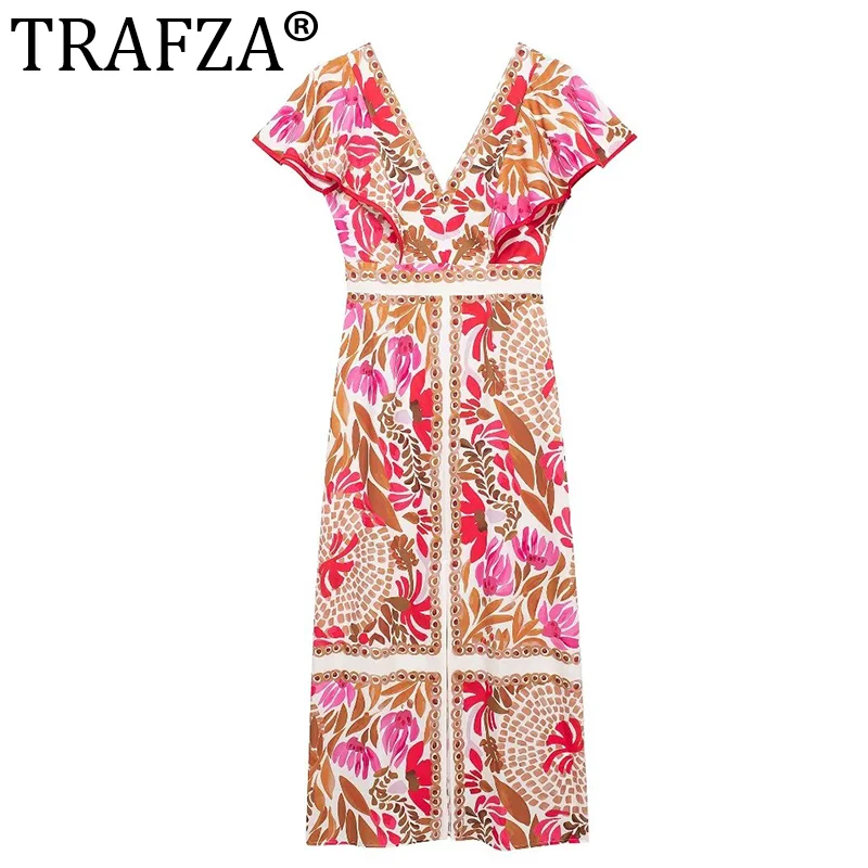 TRAFZA Vintage Flying Sleeve Flower Print Split Midi Dress Women Fashion Loose V Neck Summer Chic Female High Streetwear 