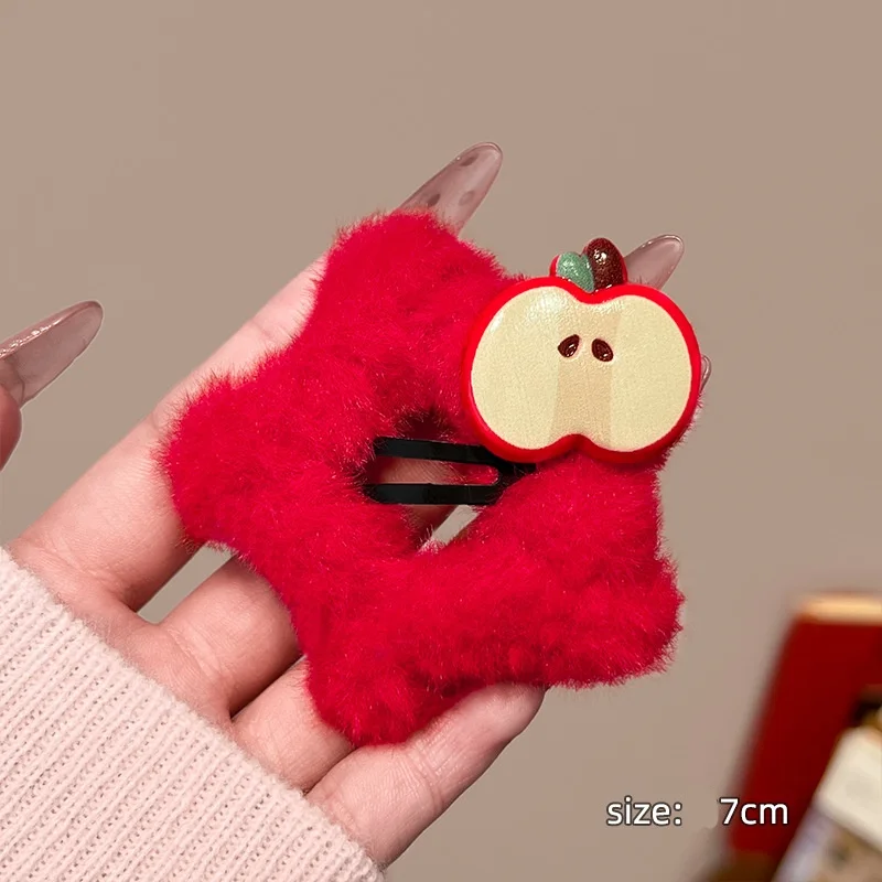 2PCSRed فو الفراء التفاح مقاطع الشعر، لطيف الفاكهة تحت عنوان دبابيس الشعر، لينة رقيق إكسسوارات الشعر للنساء، رائعتين موضة الشعر ديكور #2