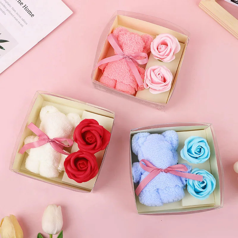 

1pc Bear Towel Rose Soap Flower Gift Box Happy Every Day Valentine's Day Graduation Season Wedding Birthday Festival Gift