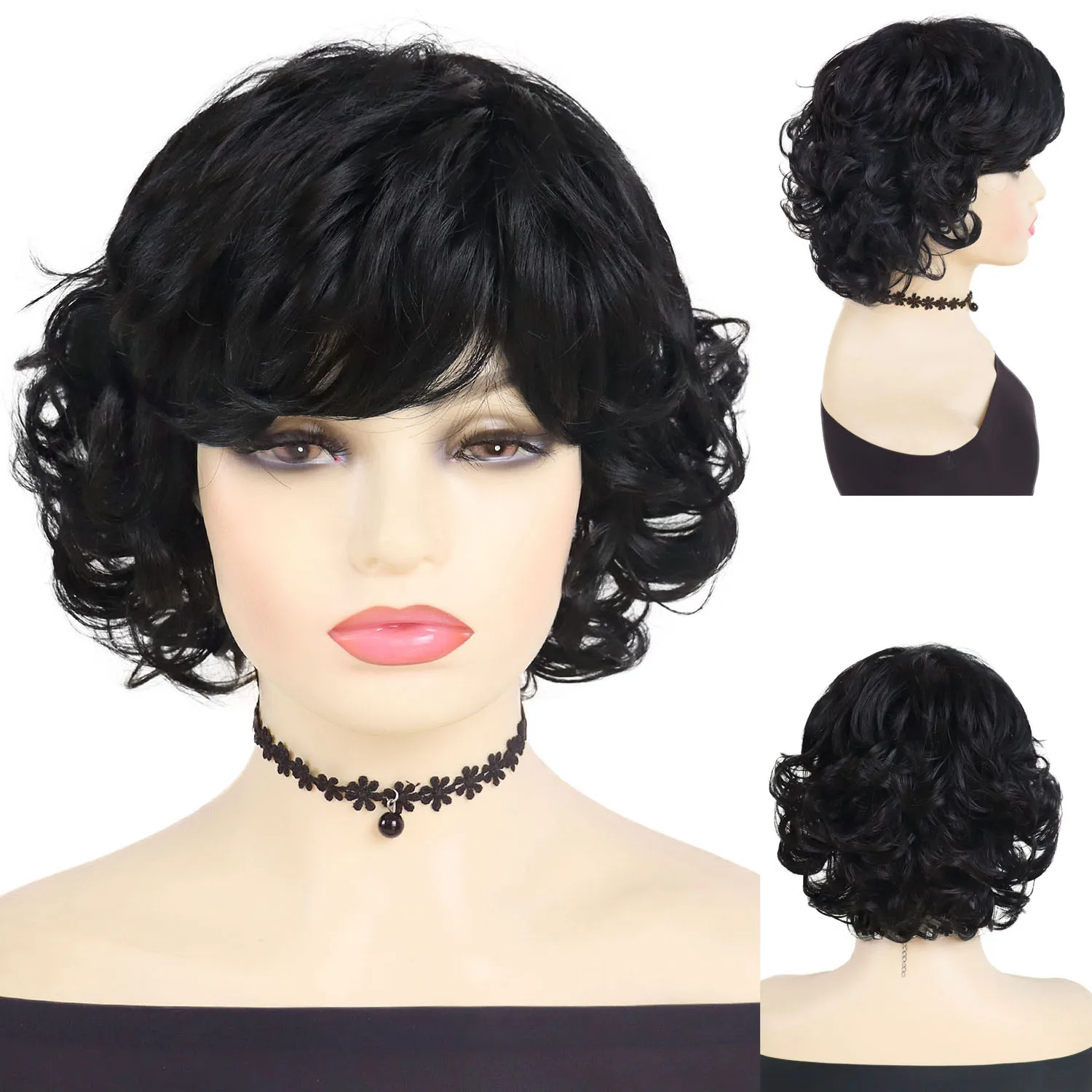 

Короткий вьющийся парик для женщин Синтетический натуральный черный парик с челкой Натуральная пушистая стрижка Повседневный косплей Женский костюм Парик для пожилых людей