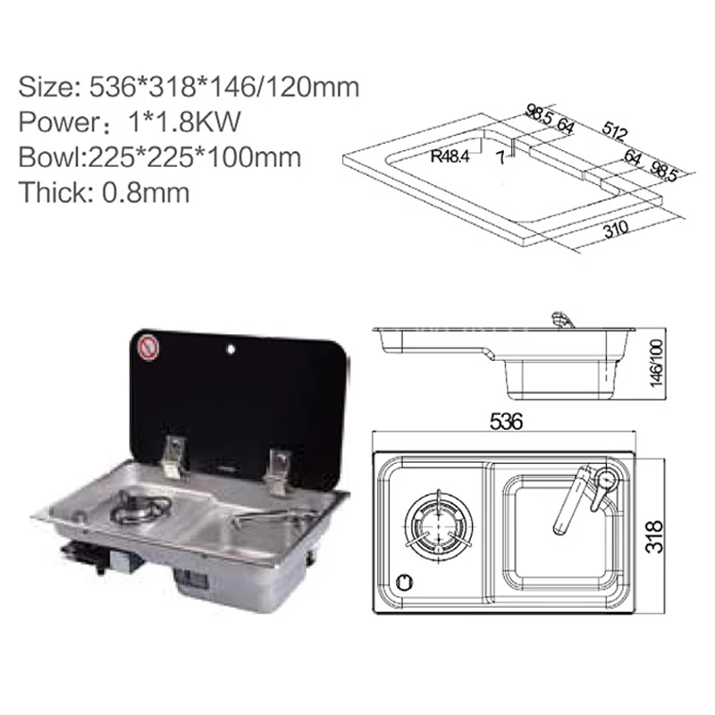 RV Basin Self-modified Trailer RV 304 Stainless Steel Dish Basin With Cover Gas Stove Sink RV Parts and Accessories