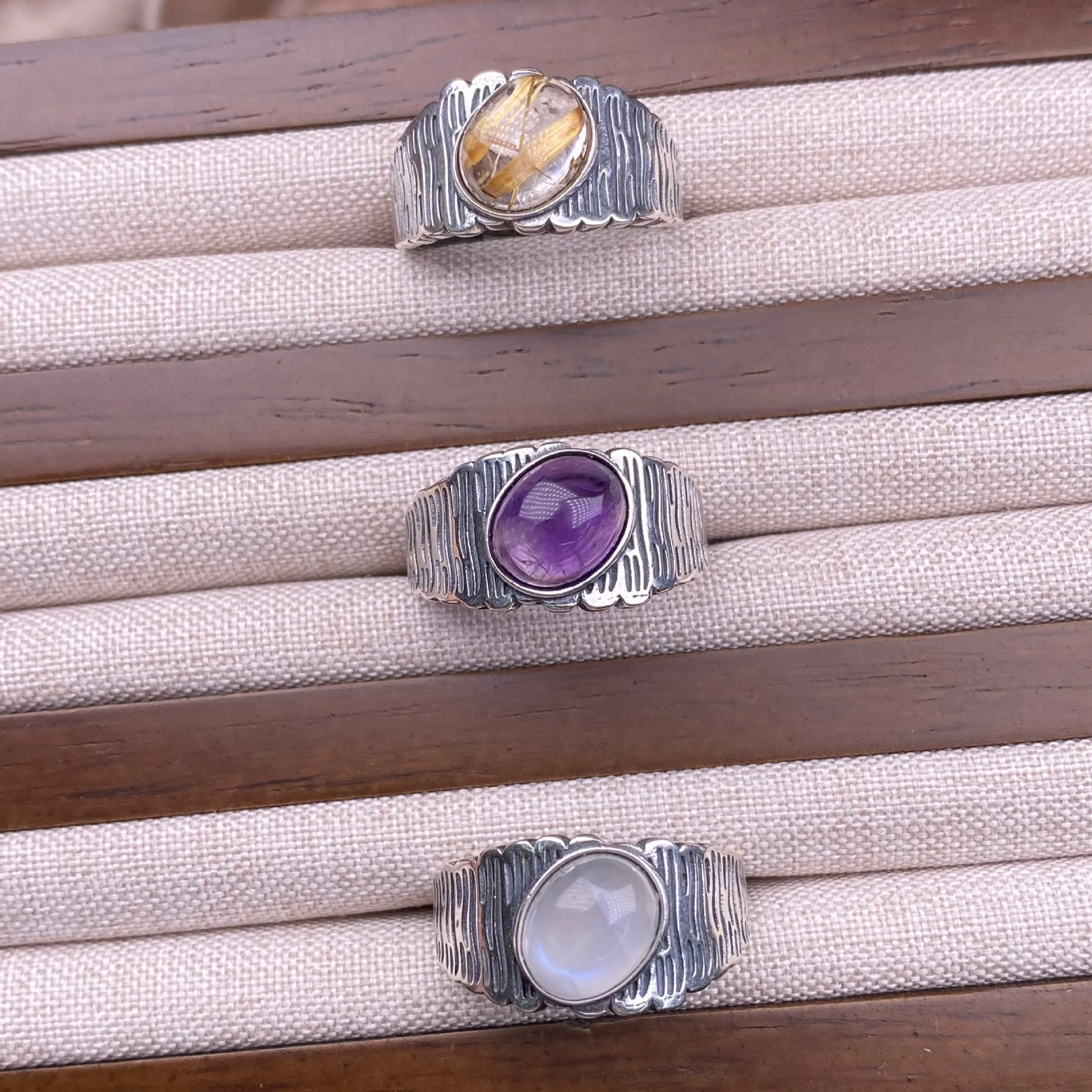 

Natural Gemstone Amethyst Moonstone Ring S925 Silver Men's Ring Vintage Wide Edition Ring Gemstone Crystal Jewelry Accessories