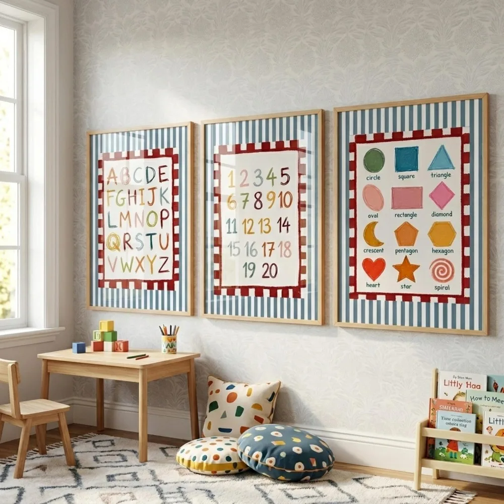 3pcs Frameless,Educational Nursery Letter Printing,Numbers,Shape Charts,ABC Posters,Colorful Children's Room,Game Room Printing