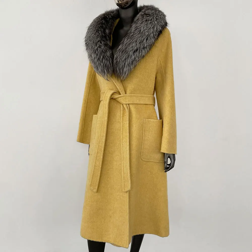 Real Fox Fur Coat Wool Jacket Female Woolen Natural Long Fur Coat Modern European Street Fashion Clothes for Women Winter