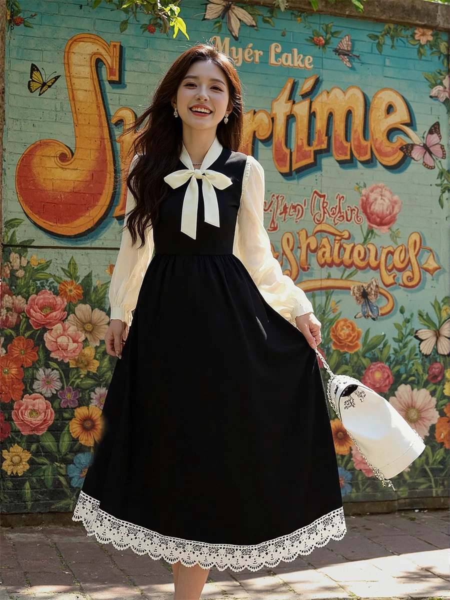 여성용 블랙 드레스 여성 긴 소매 레귤러 핏 프레피 스타일 가을 봄 린넨 컷아웃 반소매 폼핏 비대칭