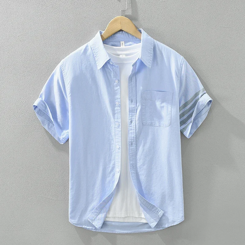 Camisa masculina branca de manga curta, gola virada para baixo, camisas casuais de algodão, roupas soltas da moda, verão, nova, 2022