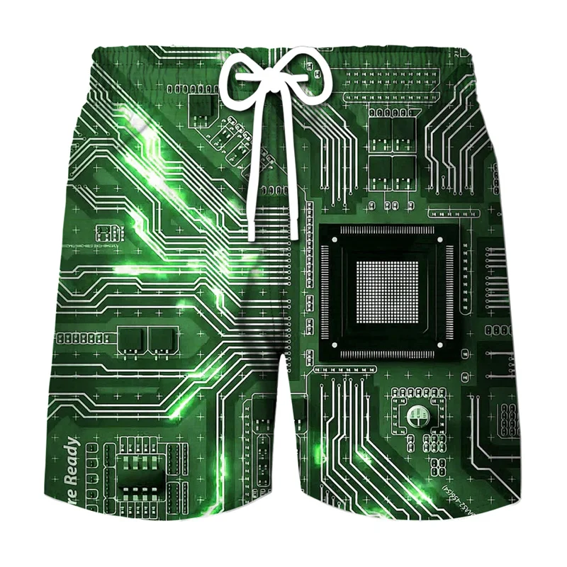 Calções gráficos de placa de circuito masculino, calças de praia, impressão 3D, chip eletrônico, maiô legal, ginásio Surf Swim Trunks, verão, Havaí