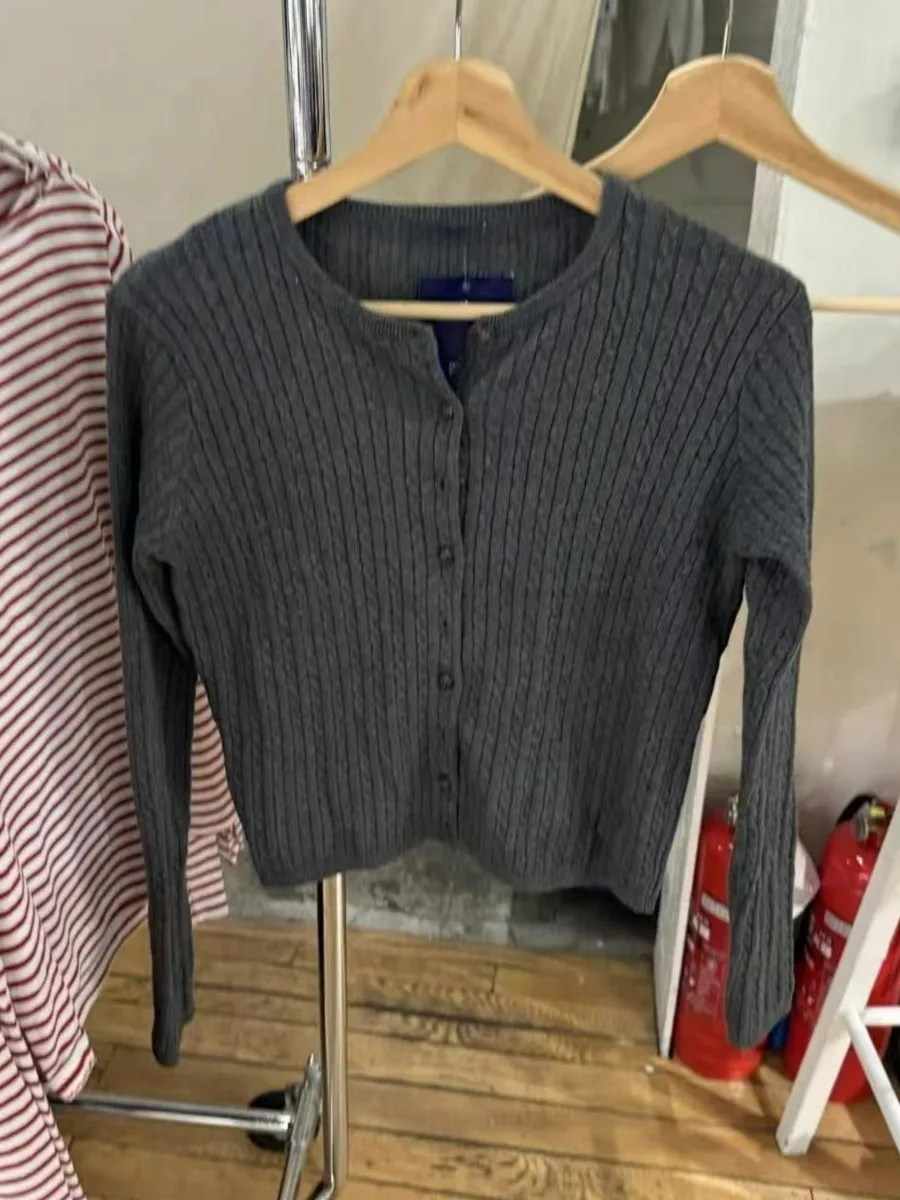 

Gray Women's Twist Flower Slim Short Cardigan Autumn Crew Neck Single Breasted Knitwear Sweet Chic Knit Long Sleeve Sweater New