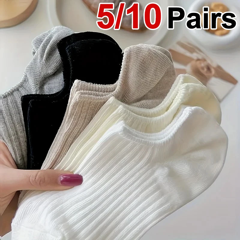 

5/10 Pairs Women Anti Slip Knitted Invisible Socks Spring Summer Thin Style Sweat Absorbing Breathable Comfortable Casual Socks﻿