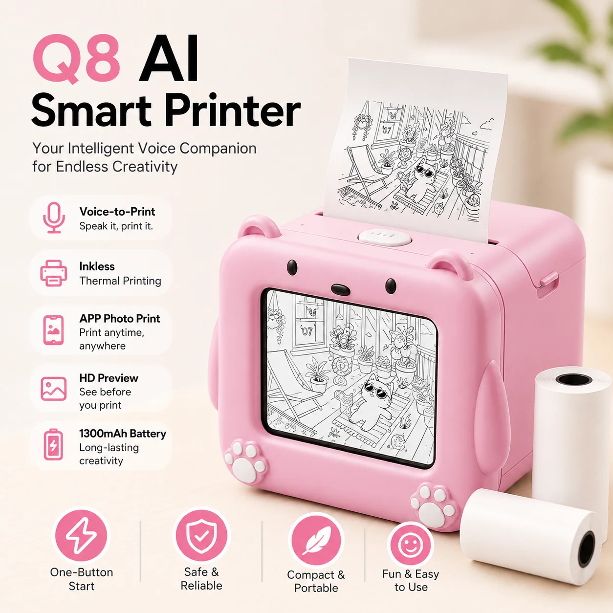 Q8 Cute Bear Kids AI Thermal Printer Voice Multi-Language Recognition Bluetooth Inkless Portable Drawing Printer for Children