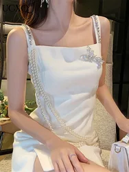 UCXQ Hotsweet Pearl Bow Rhinestone Strap Dress Elegant White Waistband Sleeveless Short Dresses Women 2024 Spring Summer 23A8167