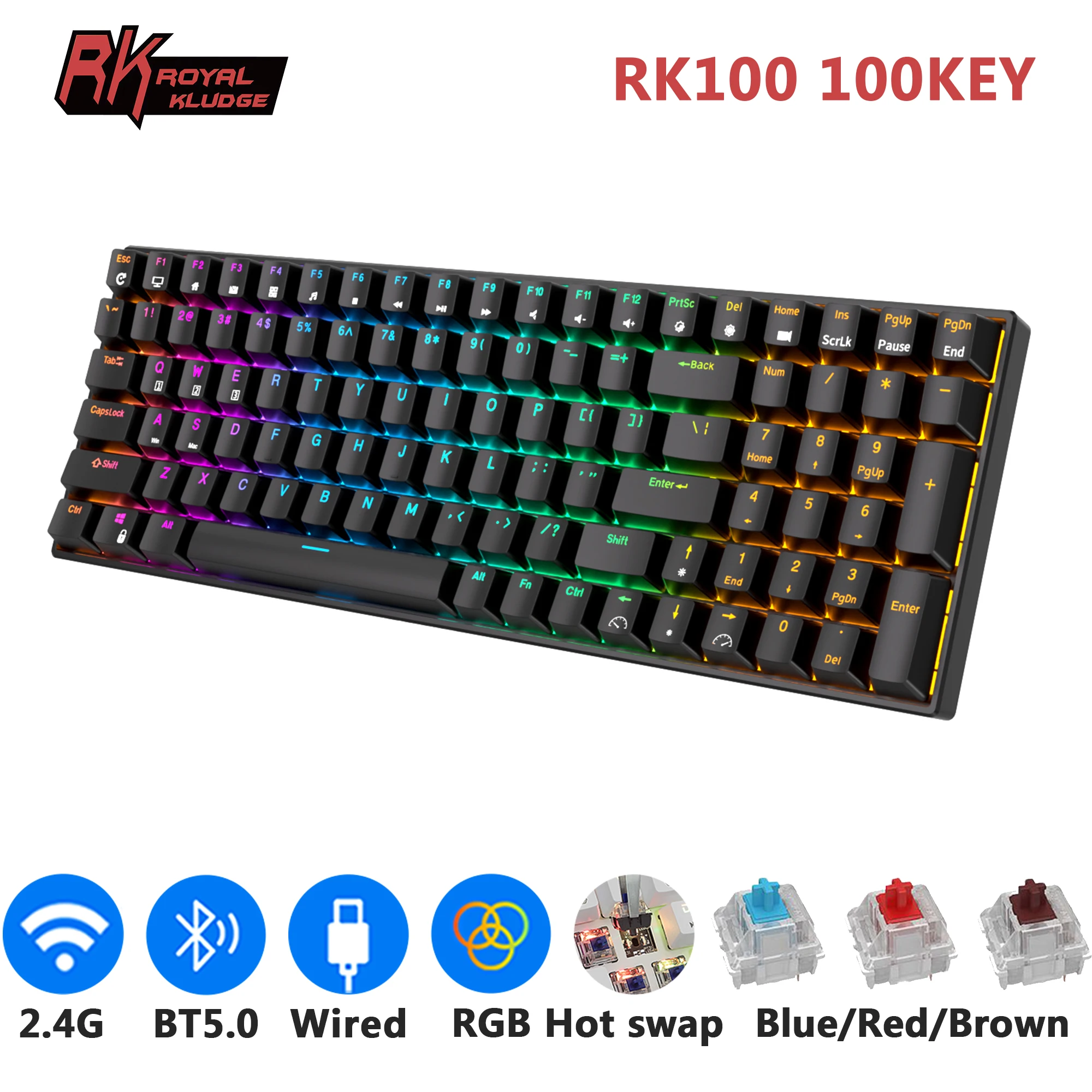 RK ROYAL KLUDGE RK100 2.4G Wireless/Bluetooth/Wired RGB Mechanical Keyboard 100 Keys Hot-swappable Russian Gaming Keyboard Gamer