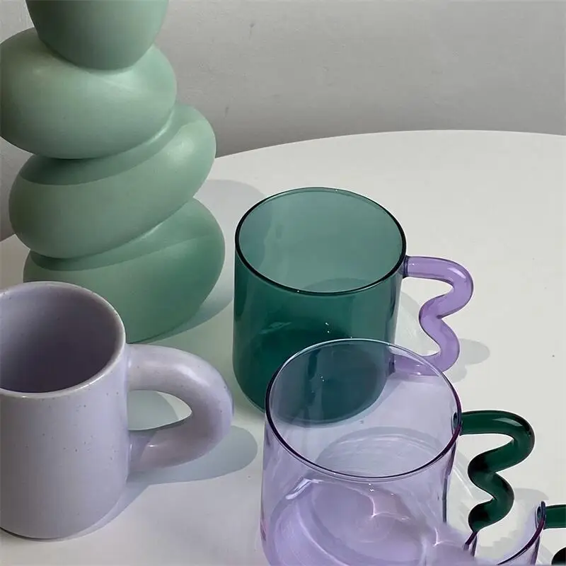 Tasse en verre coloré Borosilicate Anti-chaleur, avec poignée d'oreille ondulée, lait, café, jus, boissons, tasse en verre, paille pliée ondulée