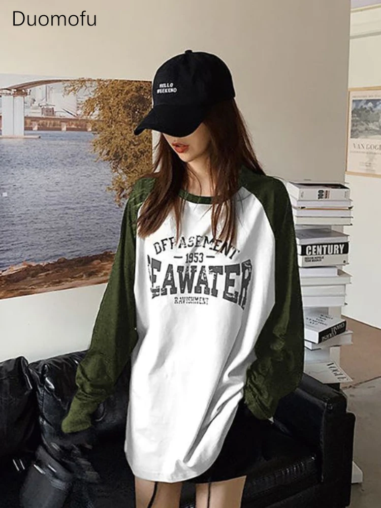 Duomofu Y2K Vintage Letter Long Sleeve T Shirts Women Kpop Harajuku Patchwork Tshirts Korean Style Hippie 90S Streetwear Tops