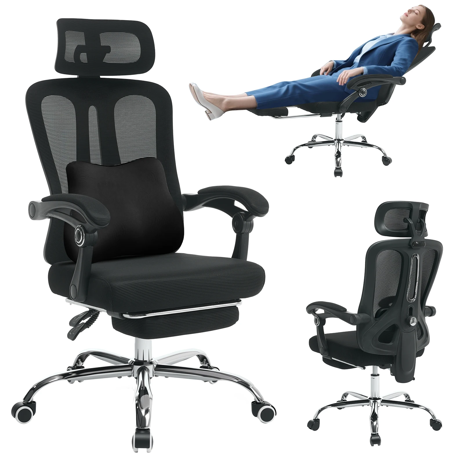 Ergonomische bureaustoel Verstelbare lendensteun Thuis Draaibare bureaustoel met hoofdsteun Voetsteun Mesh Gamingstoelen met hoge rugleuning