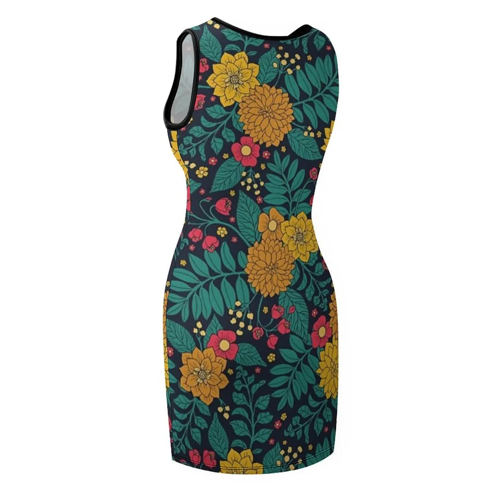 청록색, 노란색 및 산호색 꽃무늬와 잎과 꽃이 있는 민소매 선드레스 신부 들러리 드레스 여성용