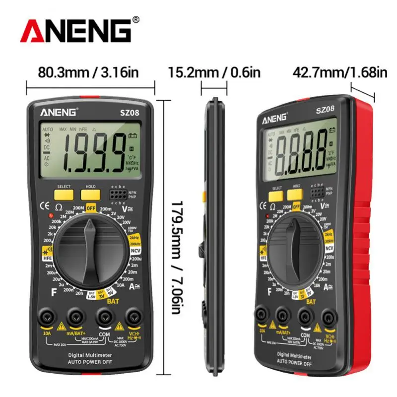 Aneng เครื่องวัดแรงต้านทานแรงดันไฟฟ้ามัลติมิเตอร์แบบดิจิทัล SZ08, แอมมิเตอร์600โวลต์มิเตอร์ไฟฟ้า LCD Backlight ทดสอบโอห์ม